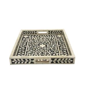 Plateau de service rectangulaire en bois poli de luxe, fait main, avec incrustation de os vert, poignées à motifs graphiques, pour la décoration intérieure - Product Image 4