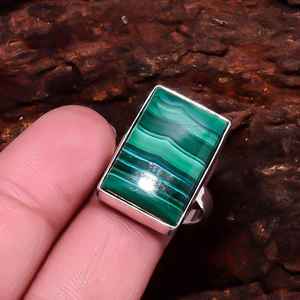 Natural Malachite Rectangle <b>Ring</b> Handmade Sterling <b>Silver</b> Gemstone Jewelry Healing Crystal <b>Statement</b> <b>Ring</b> - Product Image 2