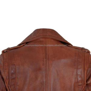 Veste moto en cuir véritable marron pour homme, col rabattu, fermeture éclair, poches avant, style automne - Product Image 3