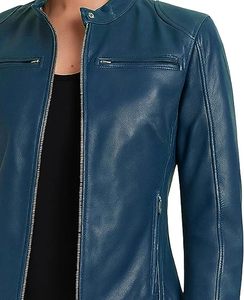 Women's Genuine Leather Motorcycle Jacket Brown Stand Collar <b>Zipper</b> Closure Full Sleeve Biker Style Autumn Wear - Product Image 4
