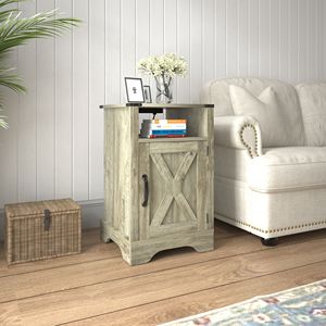 Light Grey Rustic Wooden Farmhouse Nightstand <b>Tall</b> Bedside <b>Table</b> with Electrical Outlets and Charging Station - Product Image 1