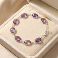Bracelet en Améthyste Naturelle, Argent Sterling 925, Sertissage Facetté, Minimaliste, Élégant, Pierre Précieuse, Chaîne à Maillons Réglable, Cadeau de Fête