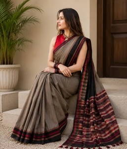 Sari Gris Jethu de Algodón Puro para Mujer de K V INTERNATIONAL - Secado Rápido, Sin Arrugas, Absorbe la Humedad, Informal, para Bodas/Fiestas de Otoño - Product Image 1