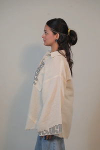 Camisa de Mujer Estilo Bohemio, Transparente, a Rayas, Manga Ancha, Corte Holgado, Cuello Camisero, 100% Poliéster - Product Image 3