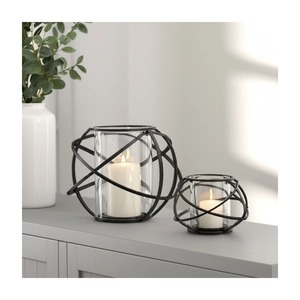 Juego de Portavelas de Cristal con Esfera de Alambre Metálico Negro Geométrico Moderno, Jaula de Hierro Redonda Abstracta Contemporánea para Velas de Pilar - Product Image 2