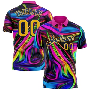 Polo personnalisé rose foncé jaune-royal 3D abstrait coloré psychédélique à effet fluide, le plus vendu de notre gamme professionnelle en gros - Product Image 1