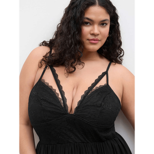 Womens Black Lace Trim V Neck <b>Spaghetti</b> <b>Strap</b> Babydoll Dress - Product Image 1