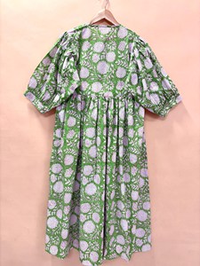 Vintage Green Floral Block Print Cotton Midi <b>Dress</b> with Puff Sleeves Tie-Neck <b>Loose</b> Fit Casual Summer <b>Dress</b> For Women - Product Image 5