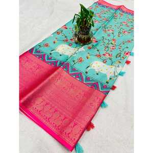 DISEÑADOR DE SEDA IMPRESIÓN DIGITAL JACQUARD FRONTERA TRABAJO SAREE CON BLUSA DESCOSADA SKY - Product Image 1