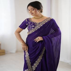 VASTRA COTTAGE Tela Rangoli Morada Bordada para Fiesta con Encaje en el Borde y Blusa Banglori a Juego Sin Coser para Saree - Product Image 2