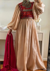 Impresionante Vestido Afgano de Terciopelo Negro con Bordado Floral Dorado de Alto Contraste y Detalles Decorativos de Espejo con Diseño Tradicional - Product Image 4