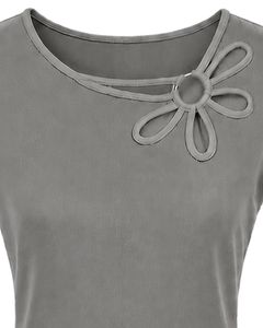 Manufacturer Gray Women Casual Summer Blouse Elegant Flower Neck Short Sleeve Fashion Loose Fit Daily Wear Stylish <b>Top</b> Shirt - Product Image 5