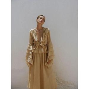 Vestido Maxi Beige Bohemio para Mujer, Largo hasta el Suelo, Cuello en V Profundo, Manga con Volantes, Cintura Natural, Ecológico, de Algodón, para Vacaciones en Resort - Product Image 6