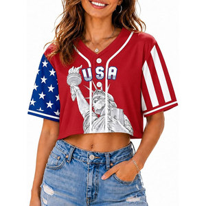 <b>Red</b> Women's USA <b>Cropped</b> Baseball Jersey Button Down Short Sleeve Shirt Breathable Lightweight Comfort V-Neck Crop <b>Top</b> Casual - Product Image 1
