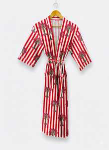 Bata tipo kimono con estampado de palmeras a rayas rojas y blancas para mujer, manga tres cuartos, longitud completa, suave, informal, cierre con cordón para verano - Product Image 6