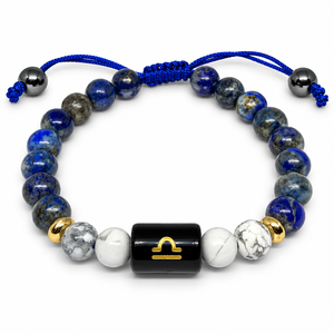 Pulsera de Grado Premium del Zodiaco Libra, Cuentas de Lapislázuli Azul de 8mm y Mármol Blanco con Dije de Piedra Negra, Joyería Hecha a Mano con Grabado Láser - Product Image 1