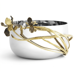 ชามเสิร์ฟสีเงินหรูหราพร้อมลายดอกกล้วยไม้สีทองตกแต่งบนโลหะ เหมาะสำหรับเป็นของตกแต่งกลางโต๊ะงานแต่งงานและของตกแต่งบ้าน - Product Image 1