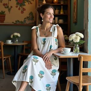 Sleeveless Lightweight Linen Bohemian Maxi Dress Square Neckline <b>Tie</b>-Up Shoulder Straps Blue <b>Green</b> <b>Floral</b> Design Casual Style - Product Image 1