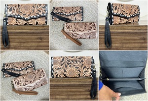 Cartera de mano de cuero de vaca grabado a mano con diseño de girasol y correa para la muñeca para mujer, cartera larga con bolsillo con cremallera, OEM ODM al por mayor - Product Image 3