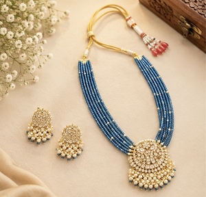 TISHYA DIAMOND Ethnic Gold Plated Copper Alloy Necklace Earrings Set <b>Blue</b> <b>Beads</b> Brilliant Cut Moissanite Imitation Pearl Jewelry - Product Image 1