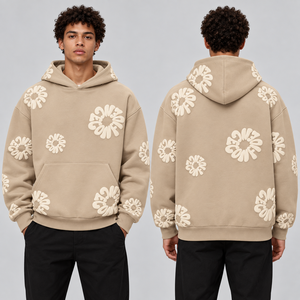Sweats à capuche bleu roi imprimés en relief avec fleurs blanches en relief, commandes en gros, faible MOQ, fourniture directe usine, motifs personnalisés, poignets côtelés, manches longues - Product Image 6