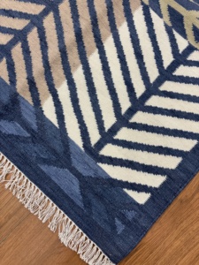 Alfombra Moderna de Diseño Geométrico, Rectangular, Azul Beige, Tejido Plano, Lana Acrílica Reversible, Alfombra para Sala de Estar con Borde de Flecos - Product Image 3