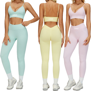 Breathable Seamless Yoga Set Custom Private Label Elastic Waist Fully Customized Printing Solid Color Women Yoga Wears Set - Product Image 1