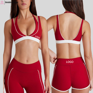 Conjunto de yoga de 2 piezas para mujer: sujetador deportivo tipo racerback marrón y leggings de cintura media con ribete en contraste, transpirable, de elastano y poliéster, sin costuras, completo. - Product Image 4
