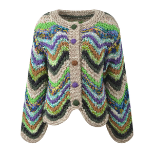 Women's Knitted Bohemian <b>Cardigan</b> Sleeveless O-Neck Geometric Pattern Button Front Short Length Asymmetric Design All Seasons - Product Image 1