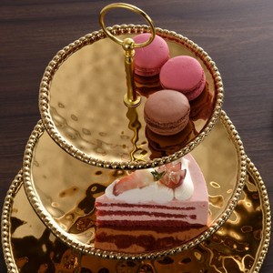 Stunning <b>Three</b>-<b>Tiered</b> Gold <b>Cake</b> <b>Stand</b> Featuring Hammered Textured Platters With Beaded Rims And A Convenient Top Ring Handle - Product Image 4