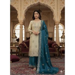 Presentamos la Nueva Colección de Diseñador Salwar Kameez, Conjunto de Top, Pantalón y Dupatta con Bordado Pesado y Lentejuelas, de Secado Rápido y Completamente Cosido - Product Image 1
