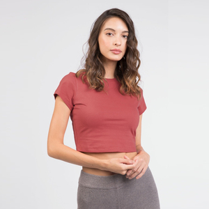 Camiseta Corta de Manga Corta con Cuello Redondo para Mujer, Color Sólido, Ajustada, Tejida en Algodón y Elastano, Informal, Transpirable, para Verano - Product Image 3