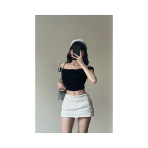 T-shirt en jersey de coton écologique pour femme, coupe ajustée, best-seller, plusieurs tailles, haut à épaules dénudées taille haute, buste froncé, service ODM - Product Image 5