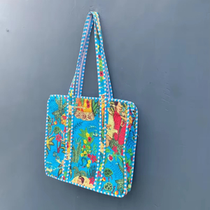 Sac fourre-tout matelassé en coton imprimé au bloc, sac à bandoulière zippé, sac de shopping souple, couleur unie, portable, pour la plage, l'été et l'automne - Product Image 1