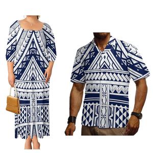 Vestido de Fiesta Azul Marino con Estampado Tribal para Mujer, Conjunto de Pareja Polinesio para Vacaciones en la Playa de Hawái, Traje de Pareja Cómodo y a la Moda - Product Image 1