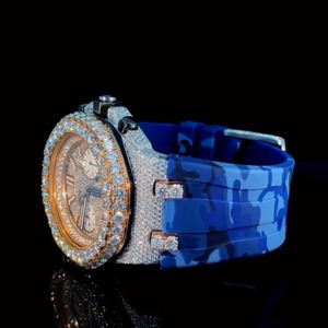 Montre de luxe pour homme en or rose, sertie de diamants Moissanite VVS taille ronde, style Hip Hop, avec bracelet en caoutchouc bleu - Product Image 4