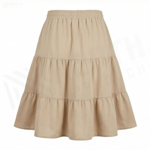 Women <b>Elastic</b> <b>Waist</b> A-Line Mini <b>Skirt</b> With Drawstring Solid Color Casual Style 100% Cotton Woven Fabric - Product Image 2