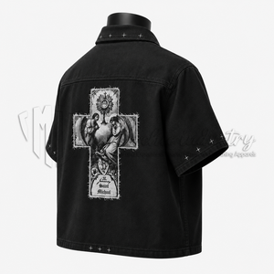 เสื้อเชิ้ตแขนสั้นสีดำสำหรับผู้ชาย ซิปหน้า คอปก ผ้าทวิล สไตล์สตรีท ยับยาก ใส่ได้ในฤดูร้อน - Product Image 4