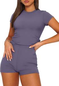 Conjunto de Dos Piezas para Mujer, Verano, Poliéster Lavado, Color Sólido, Suave, Transpirable, Ecológico, Informal, Top y Shorts Ajustados - Product Image 3