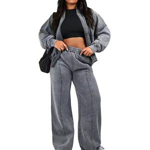 2024 nuevo estilo de Invierno para mujer, chándal con cremallera completa lavada, pantalón acampanado, 100% de algodón, 380gsm, conjunto de Jogger de dos piezas, sólido de talla grande - Product Image 4