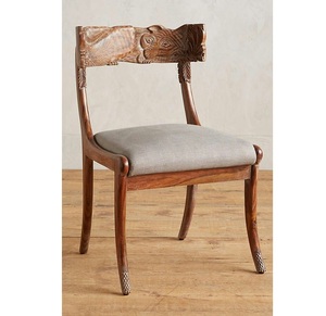 Luxury Handcrafted Solid Wood Dining Chair Ornate Fox Animal Carving Grey Fabric Upholstered <b>Seat</b> - Product Image 1