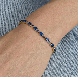 Oval Cut Lab Grown Blue Sapphire Stone Charm <b>Bracelet</b> in 925 Sterling Silver Gold Plated Elegant Luxury Handmade Jewelry - Product Image 4