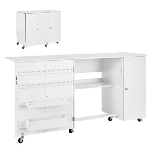 Tavolo Compatto Multifunzione per Macchina da Cucire con Ganci in Legno Pieghevoli e Vassoi Portaoggetti con Ruote - Scrivania da Ufficio - Product Image 1