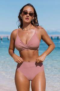 Women Floral Solid Color Crossed Halter 2 <b>Bikini</b> Set High Waist Twist Design Spandex Polyester Swimwear Breathable Eco-Friendly - Product Image 5