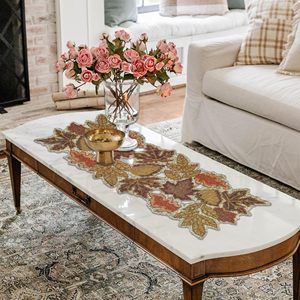 Embroidered Autumn Leaf Table Runner Rustic Home Decor Washable Plant Pattern - Product Image 4