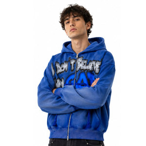 Sweat à capuche bleu oversize zippé pour homme, style streetwear, en coton French Terry, avec imprimé lettres sur le devant, idéal pour l'automne - Product Image 4