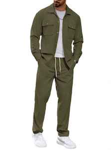 European American Unisex Casual Sports Two-piece Set Simple Button Pocket Lapel <b>Jacket</b> <b>Straight</b>-leg Pants Suit 100% Cotton - Product Image 6