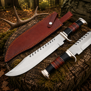 Cuchillo Bowie de Caza de 18 Pulgadas Hecho a Mano con Acero D2, Punta Clip, Mango de Cuero, Guarda de Latón y Funda de Cuero Premium - Product Image 1