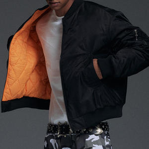 Men's Navy Blue Bomber Jacket Zipper Closure <b>Turn</b>-down Collar Casual Polyester Material Regular Fit Autumn Wear - Product Image 5