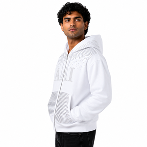 Sudaderas con capucha de alta calidad con pedrería para hombre, con cremallera, personalizadas con diamantes de imitación, 100% algodón, transpirables, ropa informal con capucha, OEM, EE. UU. - Product Image 2